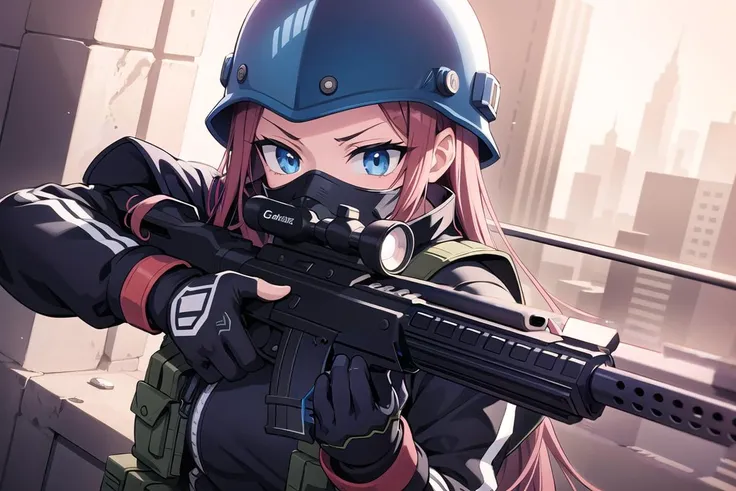 anime girl with a gun in a helmet and a gas mask