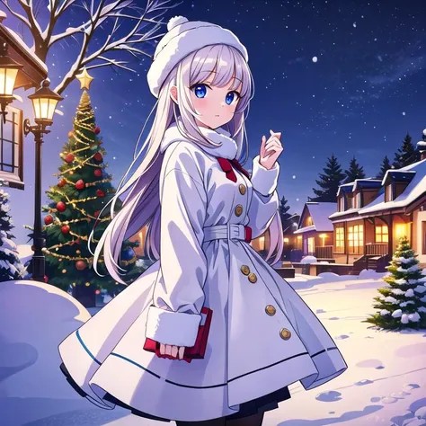 a woman in a white coat standing in front of a christmas tree