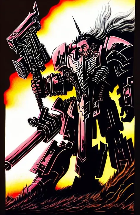 (style of warhammer 40k),drawn by john blanche,man with spiked hair dressed in ornate power armor,holding giant sword,holding giant gatling gun,bloodstainai,((portrait)), <lora:Bloodstainai:0.9>