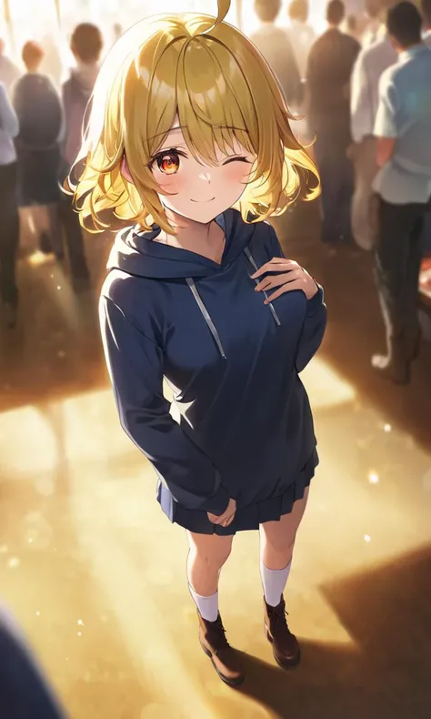 ï»¿ï»¿1girl, , teen , medium breast , amber eyes, , pale  yellow hair, medium hair , spiralcurl, streaked hair , one eye visible through hair, ahoge , embarrassed , head_tilt , jumper dress , navy  knee-length  pleated skirt, navy  long sleeve hoodie , loo...