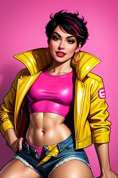 jubilee,lipstick,smile,realistic,short black hair with pink highlights,hoop earrings,looking at viewer,sunglasses,medium breasts,shorts,navel,yellow jacket,makeup,<lora:jubilee:0.5>