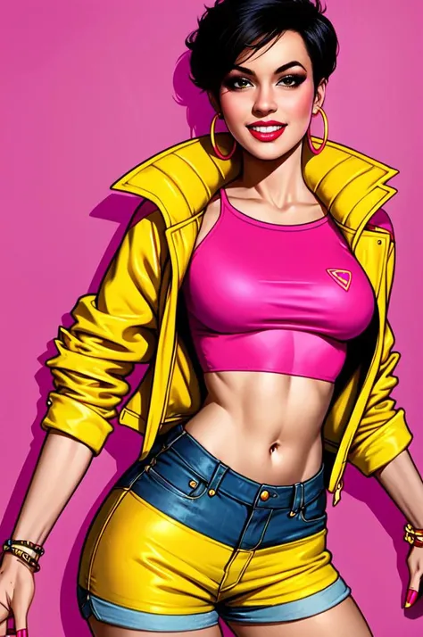 jubilee,lipstick,smile,realistic,short black hair with pink highlights,hoop earrings,looking at viewer,sunglasses,medium breasts,shorts,navel,yellow jacket,makeup,<lora:jubilee:0.5>