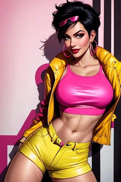 jubilee,lipstick,smile,realistic,short black hair with pink highlights,hoop earrings,looking at viewer,sunglasses,medium breasts,shorts,navel,yellow jacket,makeup,<lora:jubilee:0.5>