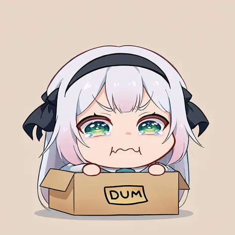 anime girl with white hair and headphones holding a box