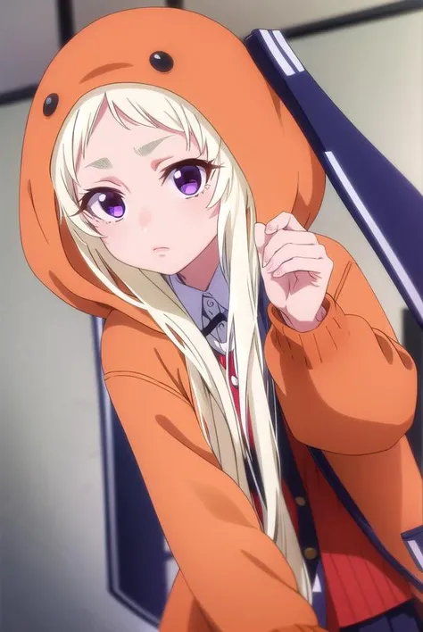 runayomozuki, <lora:runa yomozuki s2-lora-nochekaiser:1>,
runa yomozuki, long hair, blonde hair, (purple eyes:1.1),
BREAK shirt, white shirt, collared shirt, hood, cosplay, hood up, animal hood,
BREAK indoors, classroom,
BREAK looking at viewer, (cowboy sh...