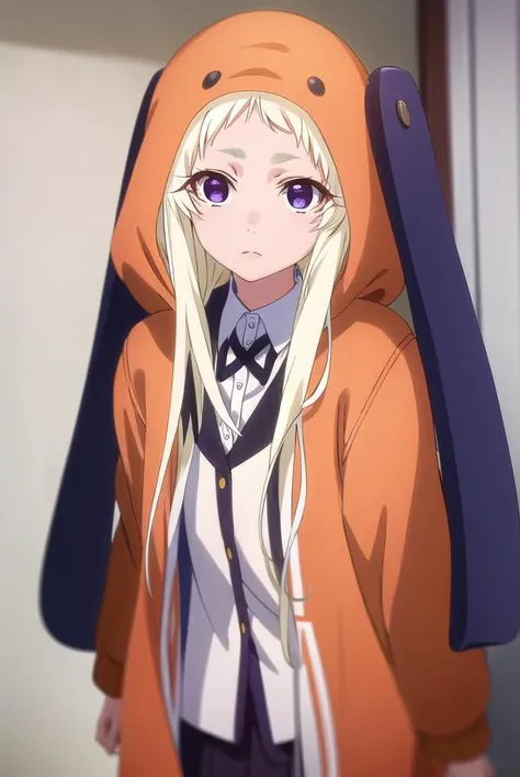 runayomozuki, <lora:runa yomozuki s2-lora-nochekaiser:1>,
runa yomozuki, long hair, blonde hair, (purple eyes:1.1),
BREAK shirt, white shirt, collared shirt, hood, cosplay, hood up, animal hood,
BREAK indoors, classroom,
BREAK looking at viewer, (cowboy sh...