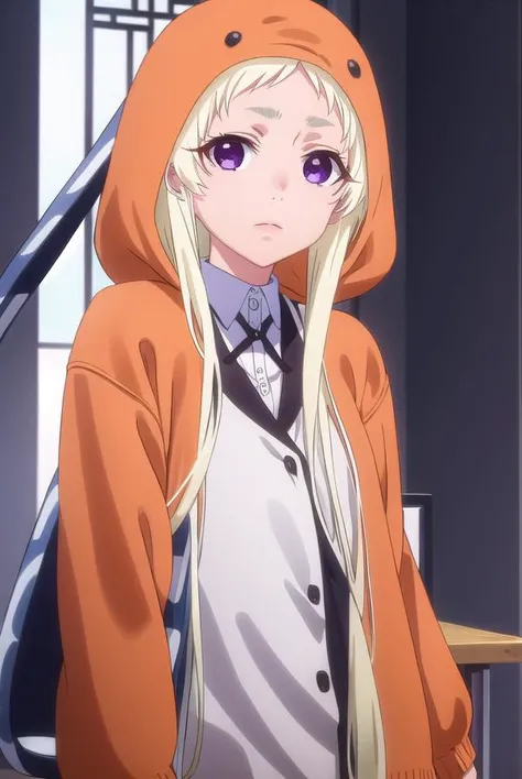 runayomozuki, <lora:runa yomozuki s2-lora-nochekaiser:1>,
runa yomozuki, long hair, blonde hair, (purple eyes:1.1),
BREAK shirt, white shirt, collared shirt, hood, cosplay, hood up, animal hood,
BREAK indoors, classroom,
BREAK looking at viewer, (cowboy sh...