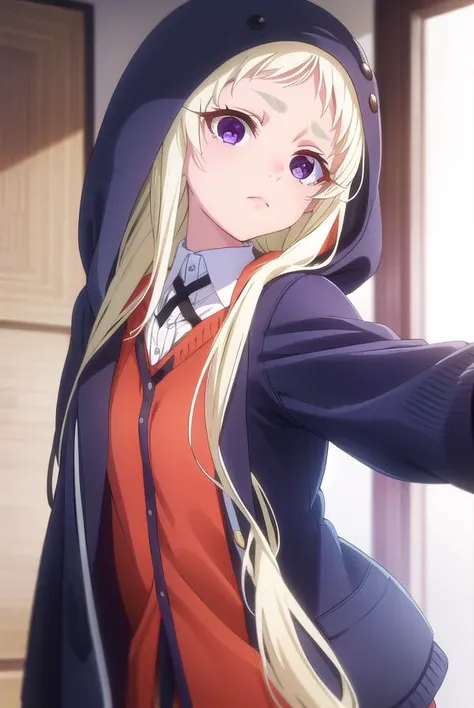 runayomozuki, <lora:runa yomozuki s2-lora-nochekaiser:1>,
runa yomozuki, long hair, blonde hair, (purple eyes:1.1),
BREAK shirt, white shirt, collared shirt, hood, cosplay, hood up, animal hood,
BREAK indoors, classroom,
BREAK looking at viewer, (cowboy sh...