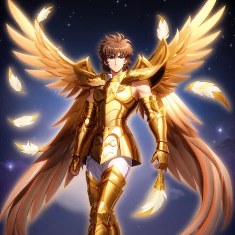 a close up of a person with a golden outfit and wings