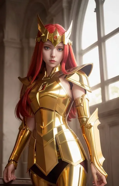 masterpiece, best quality, 1girl, perfect face, looking at viewer, skin tight transparent vinyl, very long red hair, green eyes, pale skin, <lora:SagittariusArmor:0.3>, SagittariusArmor, gold armor with white part,  armor, helmet,  lineart, dimly lit, low ...