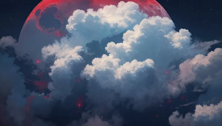 a red moon with clouds and stars in the sky