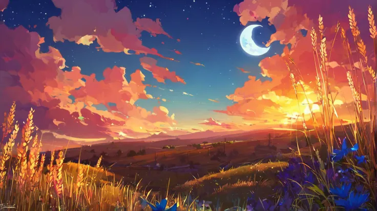 anime landscape with a full moon and a field of grass