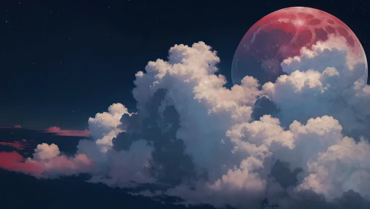 a red moon is seen above the clouds in the sky