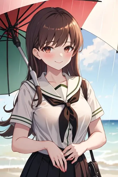 best quality, masterpiece, highres, solo, {ooi_kantaicollection:1.15}, long_hair, brown_hair, brown_eyes, blush, serafuku, breasts, large_breasts, 1girl, shirt, smile, umbrella, holding, holding_umbrella, upper_body, white_shirt, looking_at_viewer, rain, r...