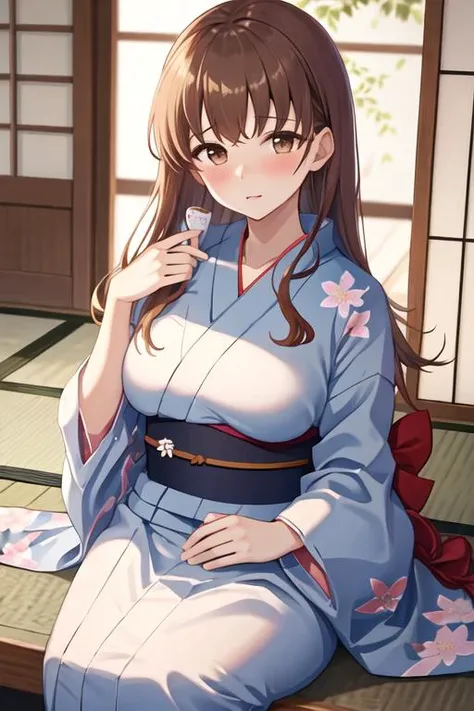 best quality, masterpiece, highres, solo, {yukata:1.40}, {kimono:1.20}, {ooi_kantaicollection:1.15}, long_hair, brown_hair, brown_eyes, blush, serafuku, breasts, large_breasts