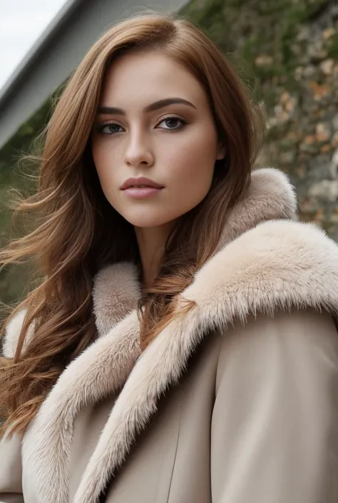 a woman in a coat and a fur collar posing for a picture