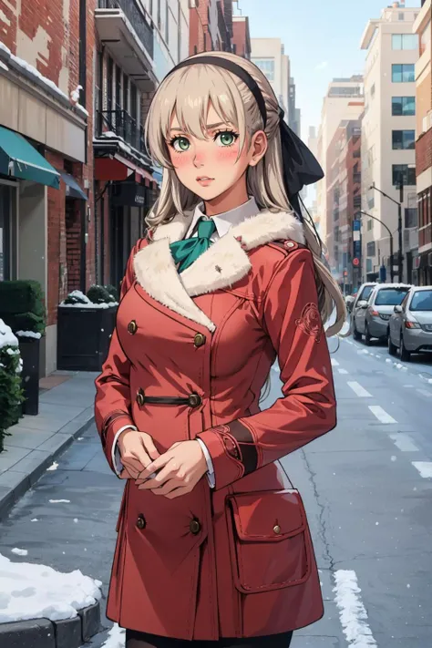 masterpiece, best quality, <lora:edgWinterDressCode:0.7> edgwdc, wearing edgwdc, white peacoat, fur trim <lora:elie-nvwls-v2-zero:1> elie macdowell, green eyes, hairband, hair ribbon, winter, city street, snow, cowboy shot, blush