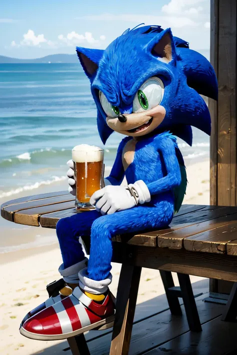 sonic, chibi, boy,furry, blue skin, green eyes, tail, white gloves, red shoes, looking at viewer, smiling, happy, mouth open, 
sitting,on table, beach bar, drinking a pint of beer, ocean, twilight sky, dusk, extreme detail, fantasy quality,<lora:sonic:.9>