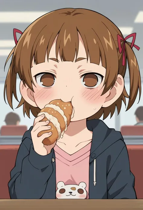 anime girl eating a donut in a restaurant with a cat on the table