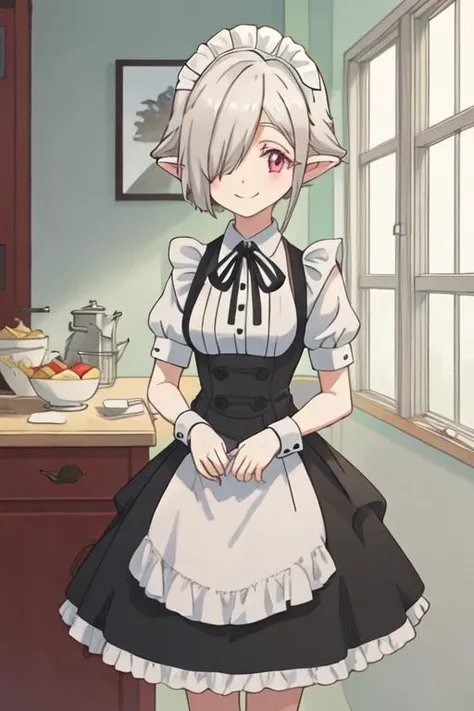 best quality, masterpiece, highres, solo, {maid:1.40}, {long maid dress:1.15}, {perusepone2shi_jashinchandropkick:1.15}, short_hair, pointy_ears, hair_over_one_eye, grey_hair, red_eyes, white_hair, ribbon, smile