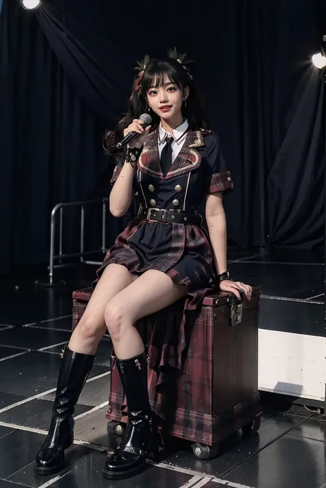 realistic, photorealistic, masterpiece, incredibly absurdres, extremely detailed, best quality, idol_costume, knee boots, 1girl, solo, idol, full body, long black hair, twintails, sitting, stage in the backgorund, stage lighting, stage spotlight, detailed ...