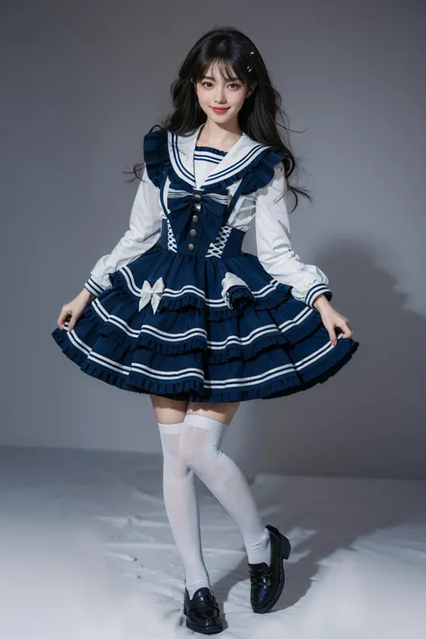 best quality, masterpiece, realistic, photorealistic, 1girl, solo, looking at viewer, smile, standing, full body, cyb dress, dress, dark blue dress, long sleeves, frilled dress, layered dress, suspender skirt, white shirt, frills, sailor collar, bow, white...