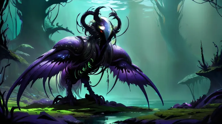 a close up of a purple dragon with large horns standing in a forest