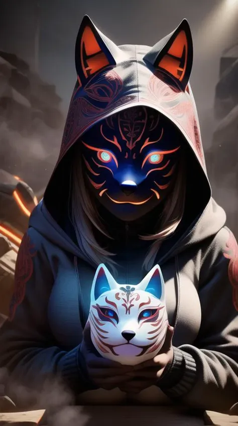 a person in a hoodie holding a cat mask