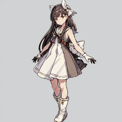 masterpeace,best quality,<lora:Louise_Nier-10:1>masterpeace,best quality,1girl, solo, long hair,black hair, ribbon, brown eyes, hair bow, boots, sleeveless, black gloves, sailor collar, white dress, white footwear, white bow, single glove, sailor dress,out...