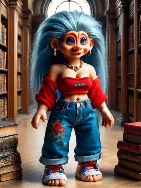 ais-trollz,<lora:Trollz_2:1>,, Anime style, ultra detailed, masterpiece, a young rogue woman with tattoos with savage long wavy Blue hair wearing Red tube top and baggy pants, golden jewellery , in an ancient library <lora:add-detail-xl:0.8>