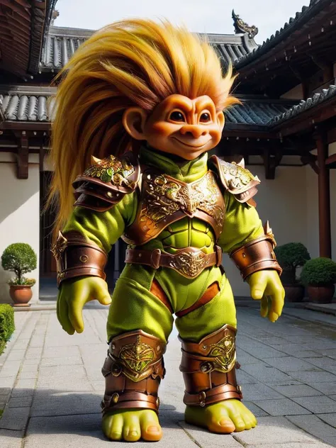 ais-trollz,<lora:Trollz_2:0.8>,, Anime style, ultra detailed, masterpiece, a tall strong buff man  with Copper ponytail wearing Chartreuse dragon themed armor with Gold trim , in a courtyard <lora:add-detail-xl:0.8>