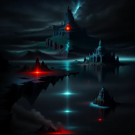 a dark and stormy night scene with a castle on a small island