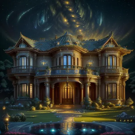 a large house with a fountain in front of it at night