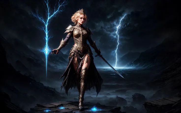 a woman in armor standing on a rock with lightning in the background