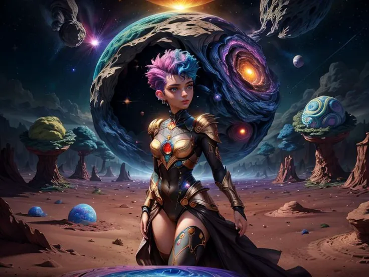 a woman in a futuristic outfit stands in front of a planet