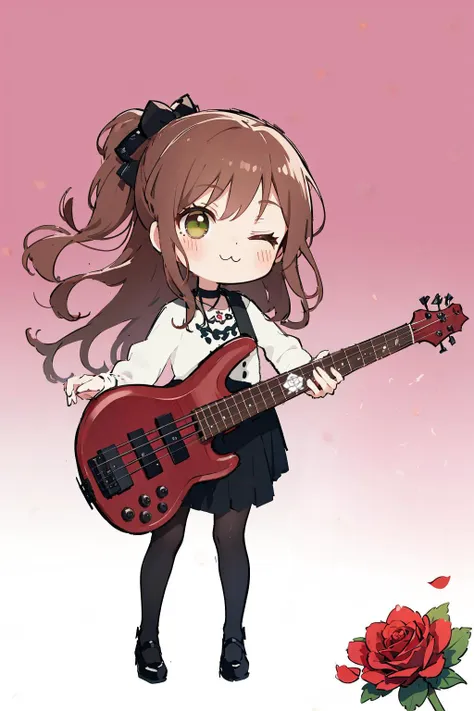 a girl with a guitar and a rose on a pink background