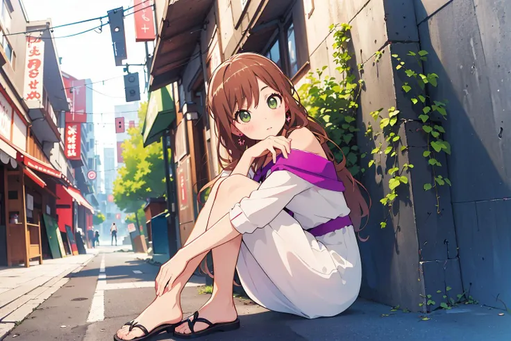 anime girl sitting on the ground in a narrow alley