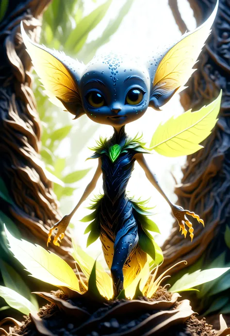 a close up of a cartoon alien with a green and yellow leaf on its head