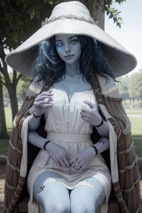 <lora:RanniV4LoRA:1> IncrsRanni, wavy hair, cracked skin, colored skin, blue skin, extra faces, extra arms, doll, joints, doll joints, white dress, hat, cloak, (ultra realistic, 8k,high quality)