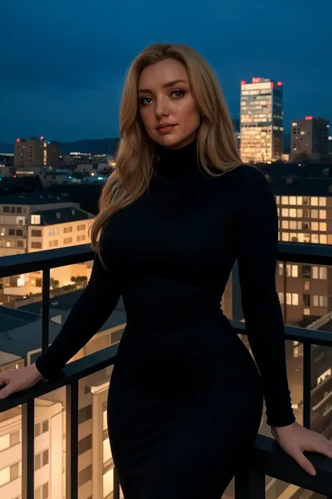 a woman in a black dress standing on a balcony with a city in the background