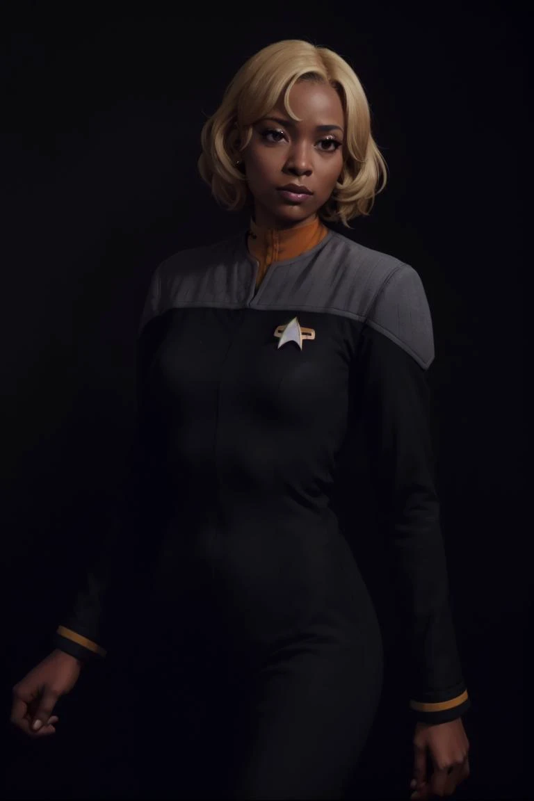 ghanian woman,
(ds9st operations:1.3),black sleeves,<lora:Ds9Divi:0.8>, blond hair,dark skin,(3/4 body), masterpiece,best quality,8k