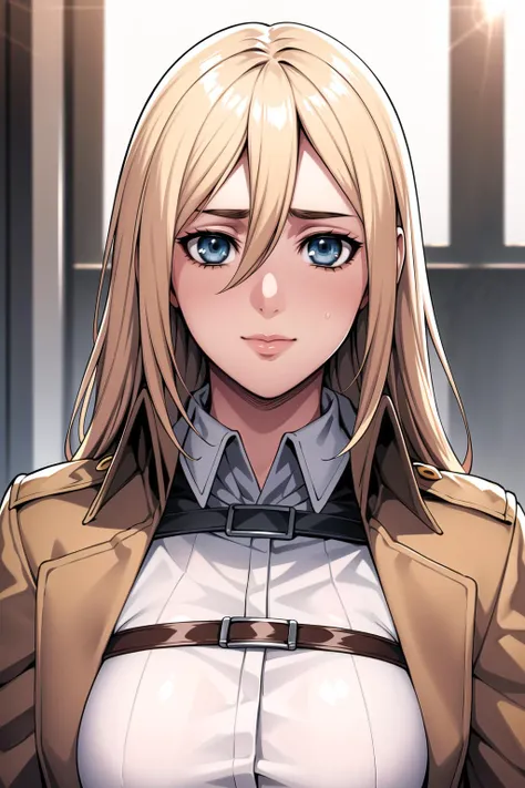 a woman with blonde hair and blue eyes in a brown jacket