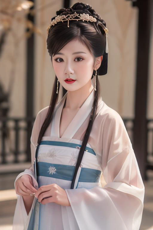 best quality, masterpiece, real,realistic, photo,photorealistic,cowboy shot, 
1girl, beautifly face,24yo mature female,portrait, very long hair, bangs,hanfu,tang style outfits,
 jiajingwen,
<lora:jiajingwen_0708_07:0.9> <lora:hanfuTang_v32:0.4>