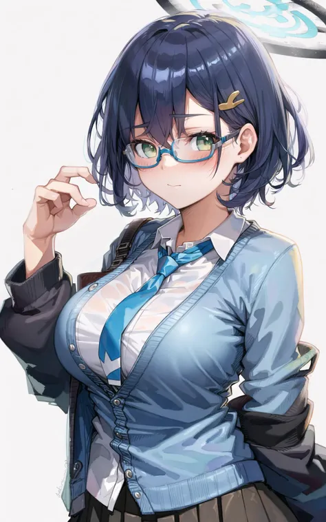 anime girl with glasses and a blue tie posing for a picture