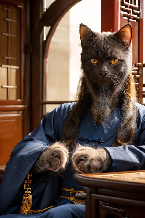 there is a cat that is sitting on a table with a blue robe