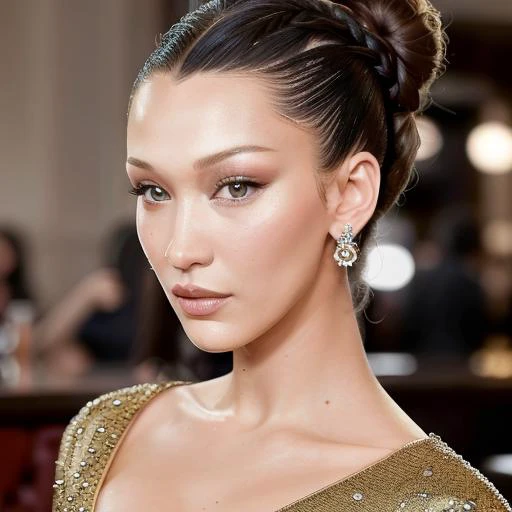 portrait photo of bellahadid beautiful woman hair updo upsweep nightclub sitting at bar (masterpiece) (best quality) (detailed) ...