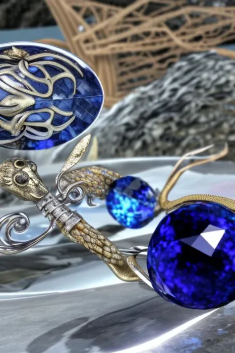 an concept art of alchemic element - Basilisk Scale Sapphire: A deep blue gemstone with an iridescent quality, believed to be a petrified scale of a basilisk. on table, rim lights, digital art, focus on subject, duch angle, clsoe shot, closeup, focus on ma...