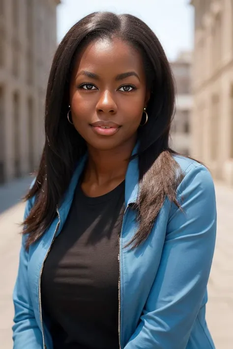 a close up of a woman in a blue jacket posing for a picture