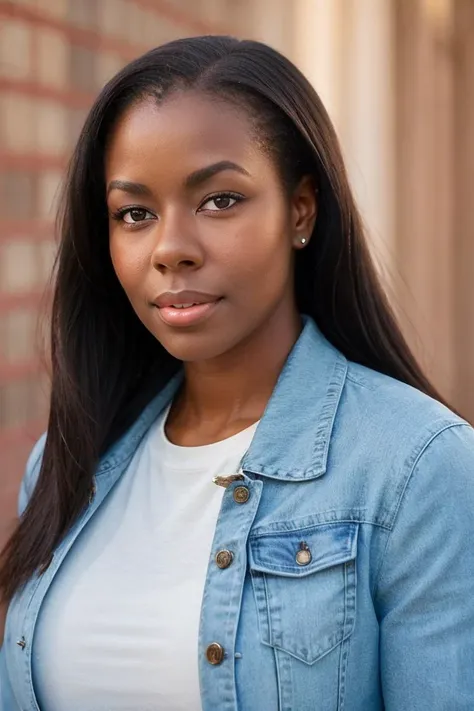 a close up of a woman with long hair wearing a denim jacket