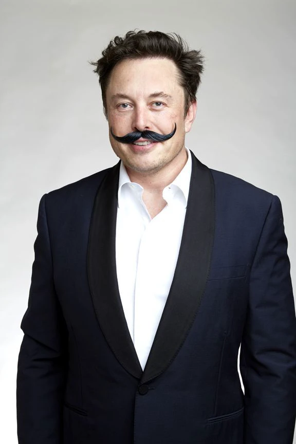 a close up of a man in a suit with a fake mustache